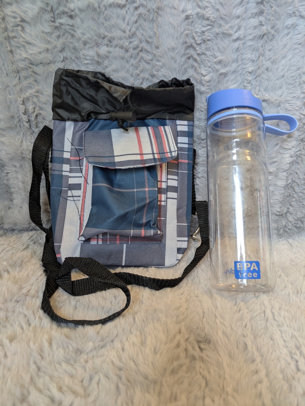 Navy Plaid Mini Crossbody Insulated Lunch Bag with BPA Free Water Bottle